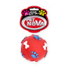 Zabawka dla psa - piszcząca, gumowa, czerwona piłka ze wzorkiem łapek i kości, dł. 6 cm